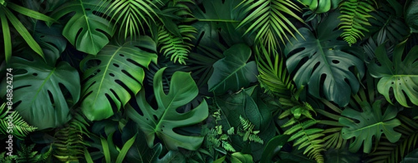 Obraz Abstract nature concept, green tropical leaves and ferns texture background. Flat lay, top view of lush foliage pattern for banner or wallpaper. In the style of nature.


