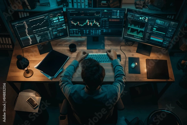 Fototapeta A professional businessman analyzes financial data and monitors stock trading on a computer screen in his home office