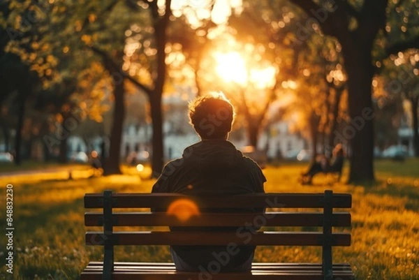 Fototapeta A calm man sits alone on a bench, enjoying a beautiful sunset in the park