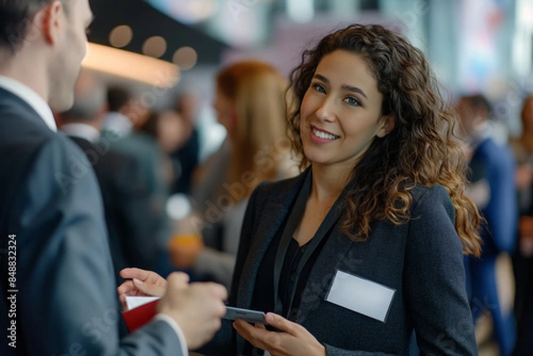 Fototapeta Professional businesswomen networking and conversing at a corporate event in a hotel lobby setting
