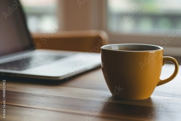 Fototapeta A tidy office desk with a laptop and coffee mug, symbolizing a productive work environment