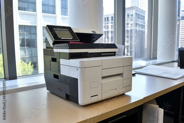 Fototapeta A modern office with a multifunction printer-copier-scanner, essential for efficient document management tasks