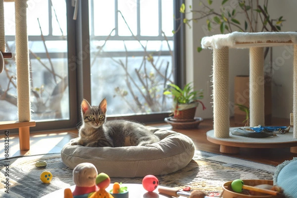 Fototapeta A fluffy kitten rests indoors, its striped fur and curious eyes adding to its adorable charm