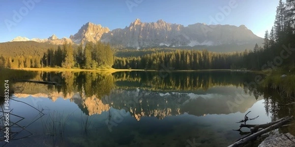 Obraz A tranquil mountain landscape with a picturesque pond reflecting the green forest and clear blue sky