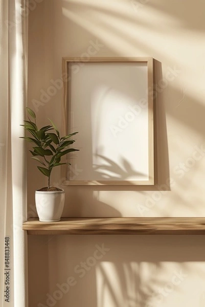 Fototapeta 
a wooden shelf with an empty frame and a potted plant, in the style of light brown and beige, 8k resolution, matte photo mockup, 