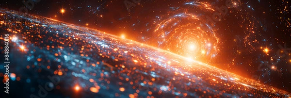 Obraz Galaxy with glowing orange and blue stars, concept for cosmic phenomena and space exploration.