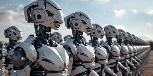 Fototapeta Killer robots for future warfare. An army of cyborgs outdoors in the field. The concept of future warfare