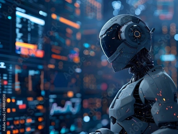 Fototapeta AI Powered Financial Analytics Dashboard in Futuristic Cityscape