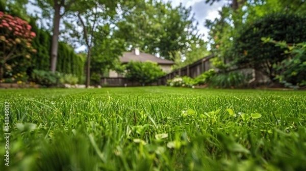 Fototapeta Abundant green grass thrives in the yard
