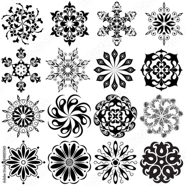 Obraz Set of round pattern tattoo. 16 Mandalas in black