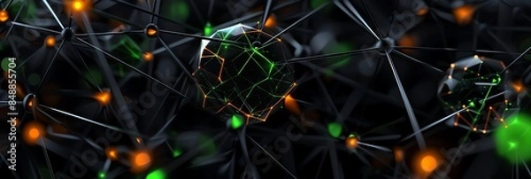 Fototapeta a wallpaper for a with black mathematical shapes with green glowing details, it is surrealistic and abstract, green and yellow