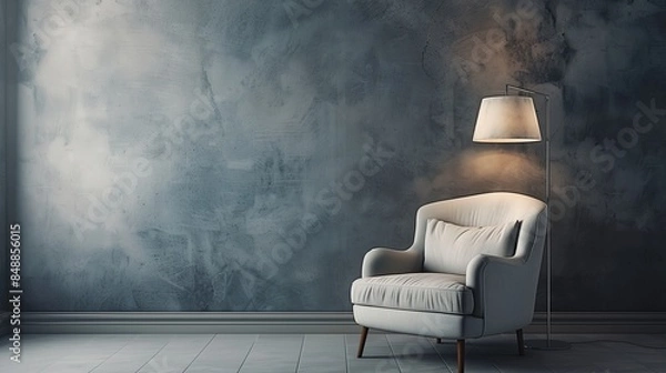 Fototapeta Interior design of modern armchair and lamp against a grey wall