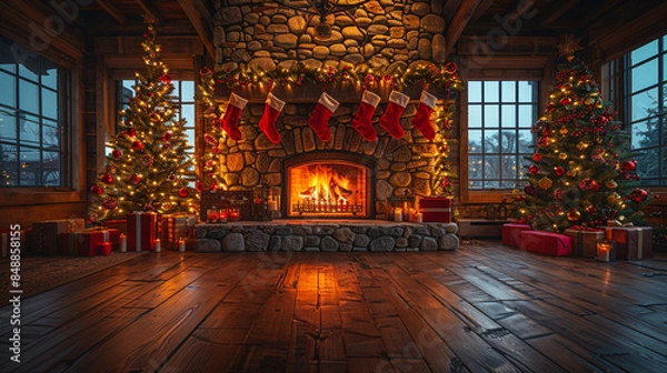 Fototapeta emotional #christmas card with chrismas tree and #gifts, a #fireplace in the background with hanging chrismas #socks, Image with #copyspace. Image very colorful
