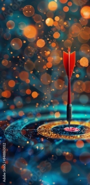 Fototapeta businessmen aims arrow at a  target dartboard, precision in setting objectives for business investment  strategic approach to achieving goals and hitting target in business