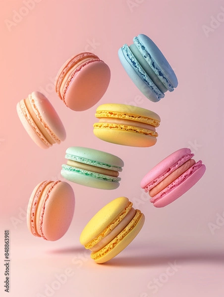 Fototapeta Multicolored macaroon cookies are levitating. Light pastel colors, pink, yellow, blue and green macaroons. Pastries, sweets. A sweet delicious dessert, cookies with almonds. Pink background.