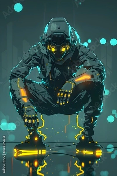 Fototapeta Robotic Character with Glowing Visor and Luminous Metallic Limbs in Dramatic Digital