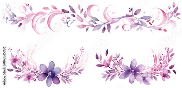 Fototapeta Set of feminine watercolor purple floral with twisted branches. Delicated landscape, decorative borders. Illustration for greeting cards, invitations, message card, save the date cards
