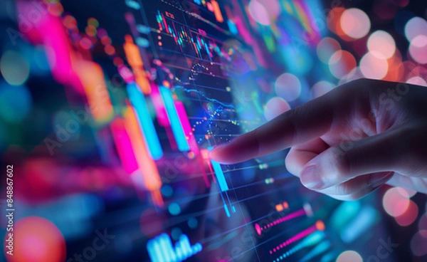 Fototapeta Hand interacting with a futuristic digital screen displaying stock market data and graphs.