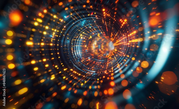 Fototapeta Futuristic digital tunnel with glowing neon lights and dynamic data streams.