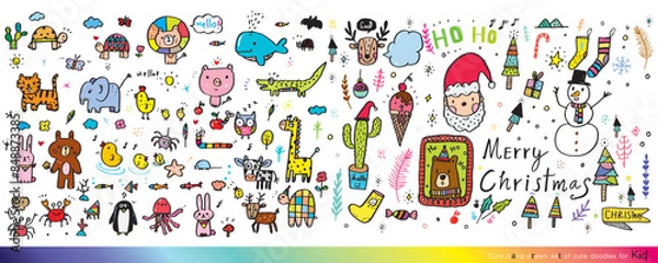 Fototapeta Collection of hand drawn cute doodles,Doodle children drawing,Sketch set of drawings in child style,Funny Doodle Hand Drawn,Page for coloring, cute animal hand drawn, cute Doodle