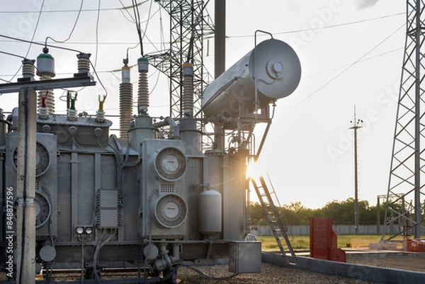 Fototapeta  Large Transformer at a substation.
