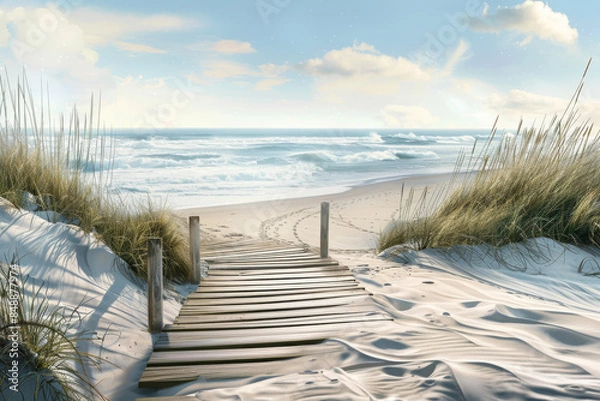 Obraz A picturesque wooden walkway leads through grassy dunes to a tranquil beach, where waves gently meet the shore under a clear blue sky.