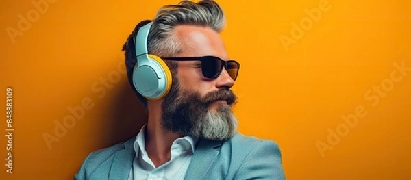 Fototapeta Bearded man looking stylish with headphones enjoying music copy space image