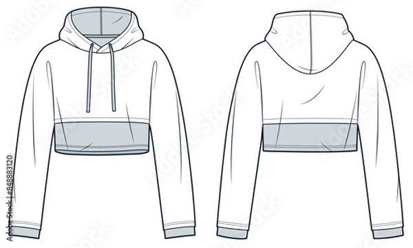 Obraz  Cropped Hoodie technical fashion illustration. Sweatshirt fashion flat technical drawing template, hood, relaxed fit, front and back view, whit and grey, women, men, unisex Top CAD mockup.