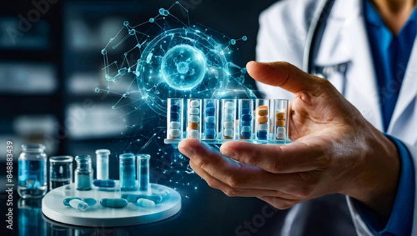 Fototapeta Medicine doctor researching capsule pill effectiveness on hologram interface, digital healthcare and medical network concept.