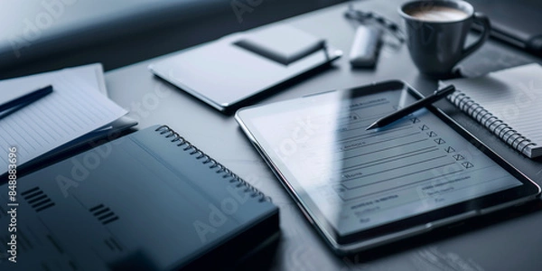 Obraz A detailed image of a digital checklist on a tablet screen, with a stylus marking off completed tasks, set on a desk with a coffee cup, notebook, and other work essentials
