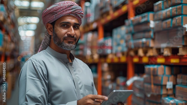 Fototapeta Business omani man using Tablet and Freight. the man should wear white kandoora dress.generative ai
