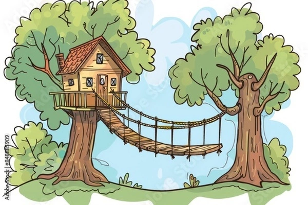 Fototapeta Cartoon cute doodles of a treehouse with a rope bridge connecting to another tree, Generative AI