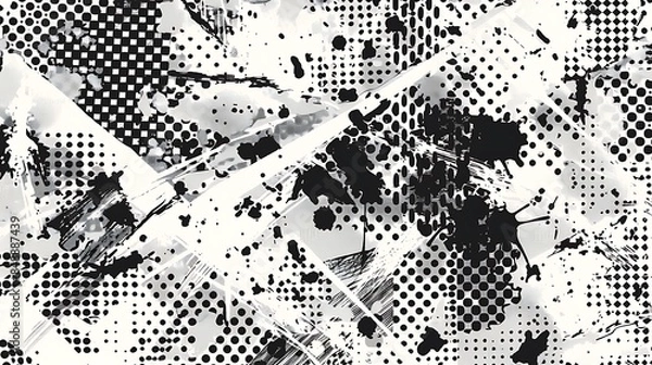 Obraz abstract seamless pattern, halftone and splatter design, grunge texture, monochrome color palette, vintage style vector illustration