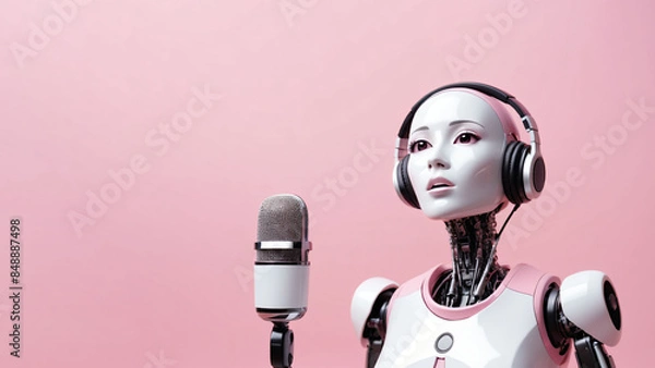 Fototapeta AI robotic vocalist. Concept of AI generated song or music. Оn a light background, copy space