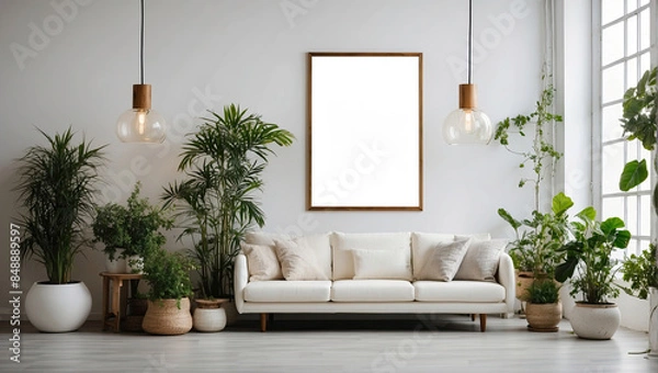 Fototapeta Potted house plants near a light wall with empty picture frames mock up in the interior with wicker planters made of natural materials in eco style.