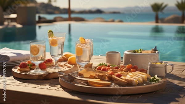 Fototapeta Enjoy a luxurious floating breakfast in a tropical resort's swimming pool. Delight in a healthy breakfast and fruit plate with a stunning ocean view, embodying tropical beach luxury lifestyle.