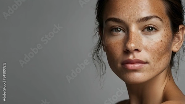 Fototapeta Close-up face of attractive young woman with melasma (hyperpigmentation often caused by hormonal changes) or freckles ( flat skin spots usually caused by genetics and exposure to the sun)