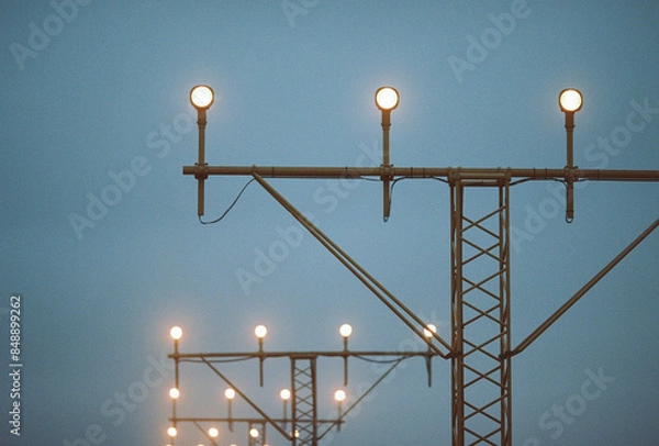 Fototapeta Close-up of illuminated approach lights on a metal structure at dusk, captured on film with visible fog