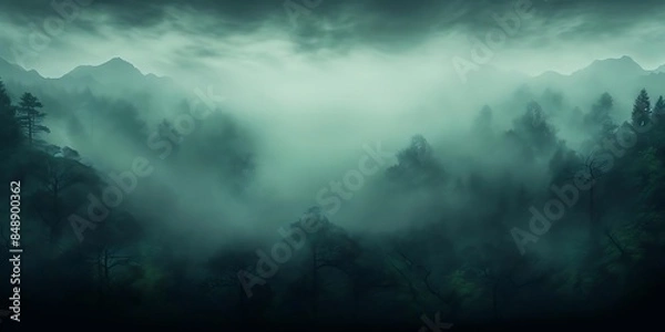 Fototapeta a foggy forest with tall and green trees