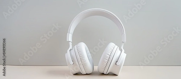 Fototapeta Headphones on a white table with copy space image for music enthusiasts