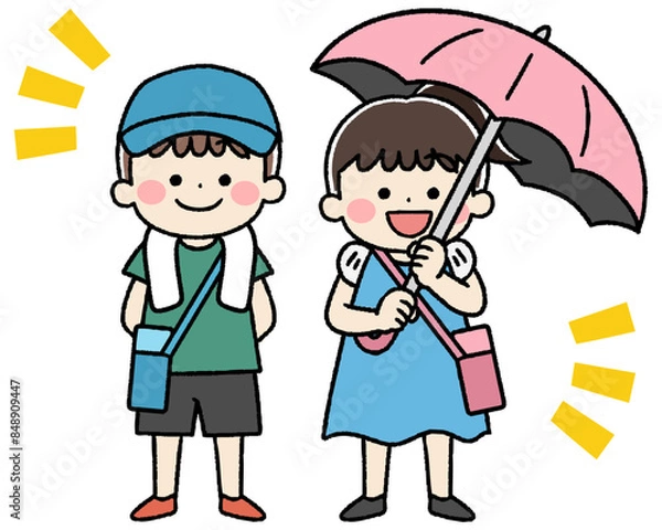 Fototapeta 帽子と日傘、水筒を持った子供のイラスト