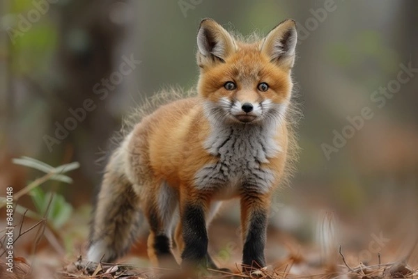Fototapeta Baby Fox: An adorable baby fox kit with reddish fur and a bushy tail, exploring a forest clearing.
