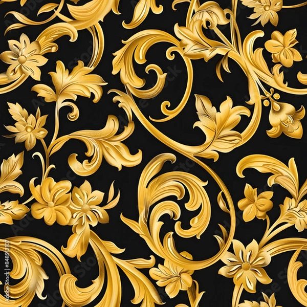 Fototapeta 黒と金のゴージャスなダマスク柄のシームレスタイルのイラスト背景画