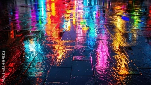 Fototapeta Reflections of neon lights on wet pavement after a rain shower at night