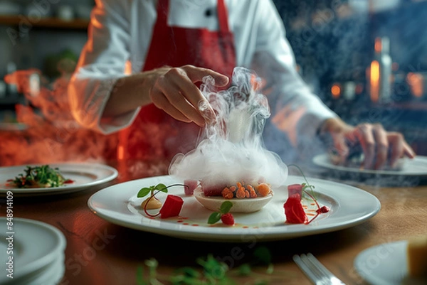 Fototapeta chef preparing a molecular cuisine dish for a client in a restaurant, mind-blowing cuisine, 