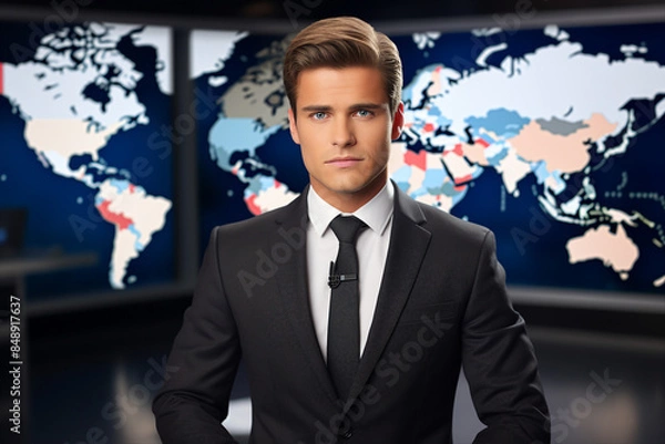 Fototapeta Professional reporter journalist in front of camera making breaking news reportage Generative AI picture