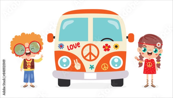 Fototapeta Hippie Characters With Camper Van