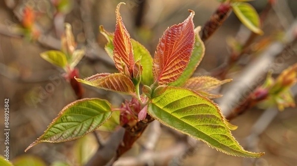 Fototapeta Close up photograph of young cherry tree leaves in budding phase