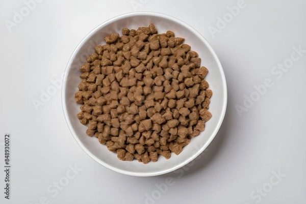 Fototapeta dry cat food in cup, bowl with dry cat food close up for a meal, A bowl of delicious dry cat food in cat bowl, Feeding bowl with dry cat food on background, closeup
