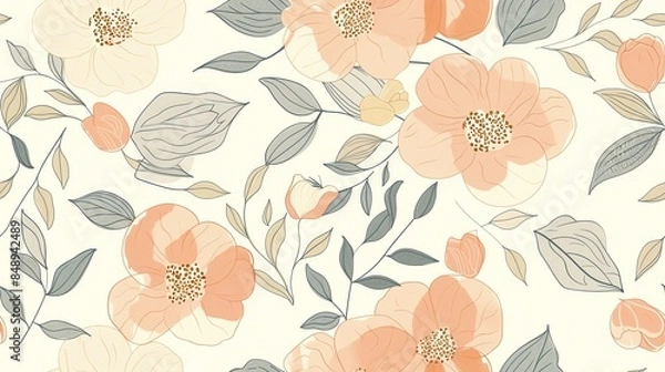 Obraz Hand-drawn pastel flowers and leaves in a seamless pattern design